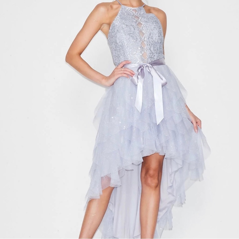 Teeze Me Purple Lavender Formal Dress with Lace and Silk Ribbon